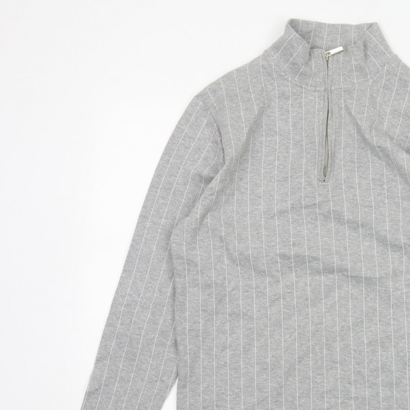 Topman Men Grey Pinstripe Quarter Zip Mock Neck Sweatshirt M