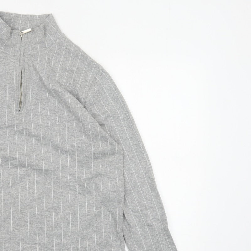 Topman Men Grey Pinstripe Quarter Zip Mock Neck Sweatshirt M