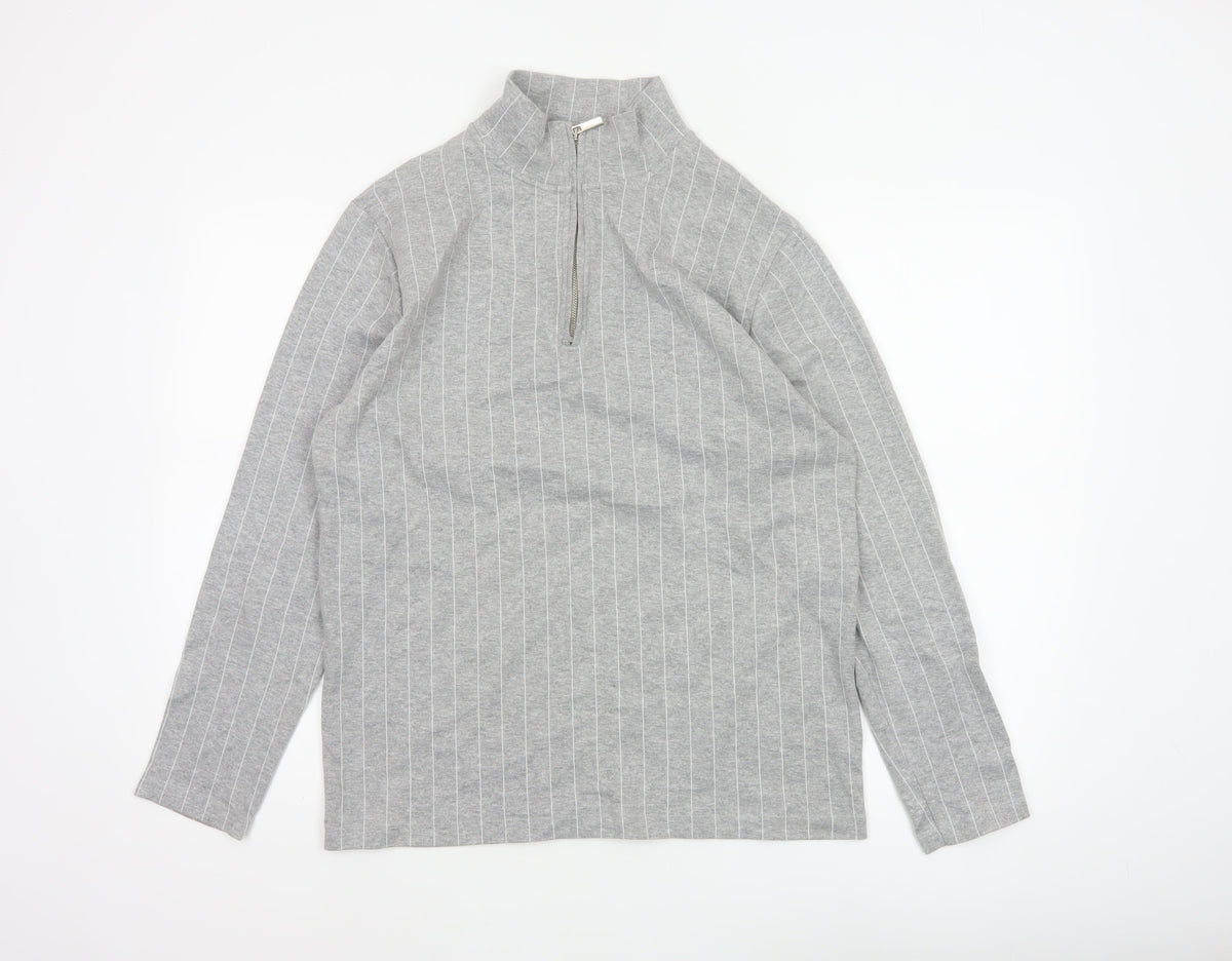 Topman Men Grey Pinstripe Quarter Zip Mock Neck Sweatshirt M