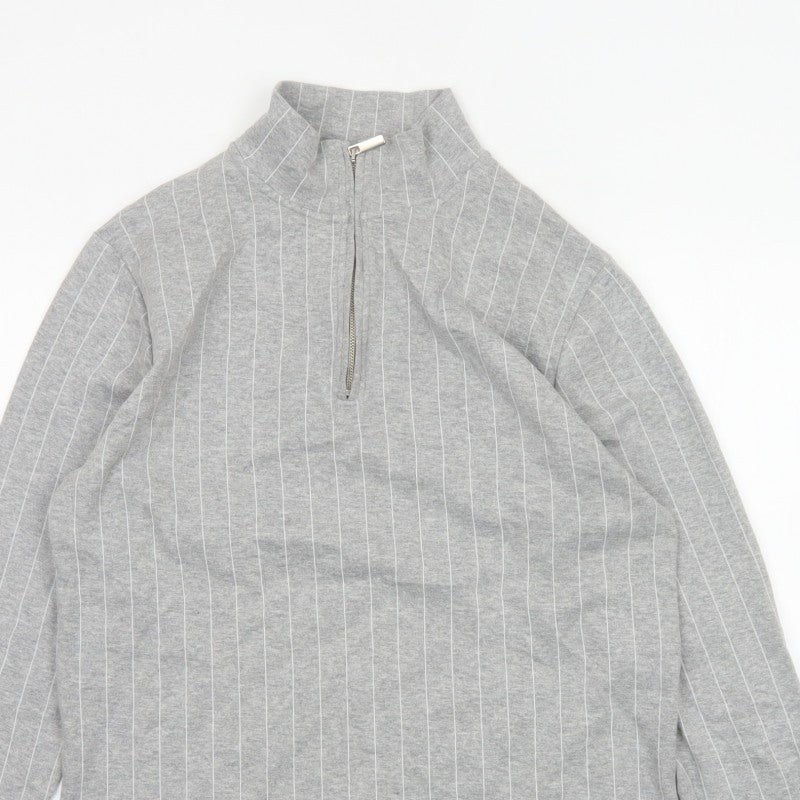 Topman Men Grey Pinstripe Quarter Zip Mock Neck Sweatshirt M