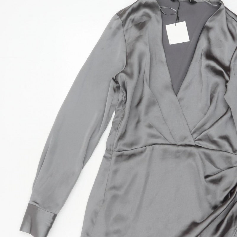 Zara Women Grey M Satin Wrap Mini Dress Long Sleeve V-Neck