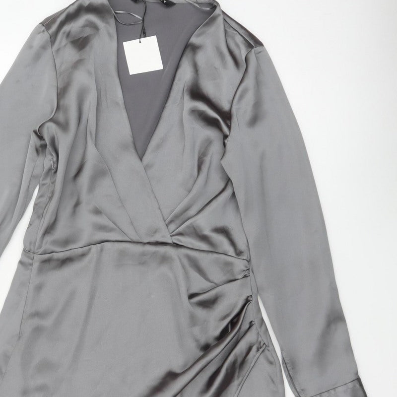Zara Women Grey M Satin Wrap Mini Dress Long Sleeve V-Neck