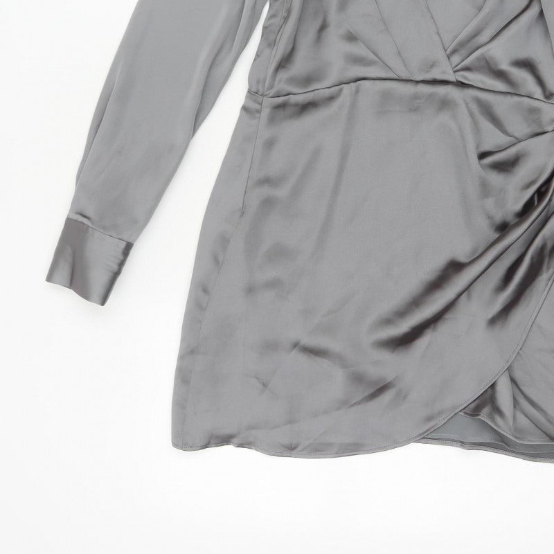 Zara Women Grey M Satin Wrap Mini Dress Long Sleeve V-Neck