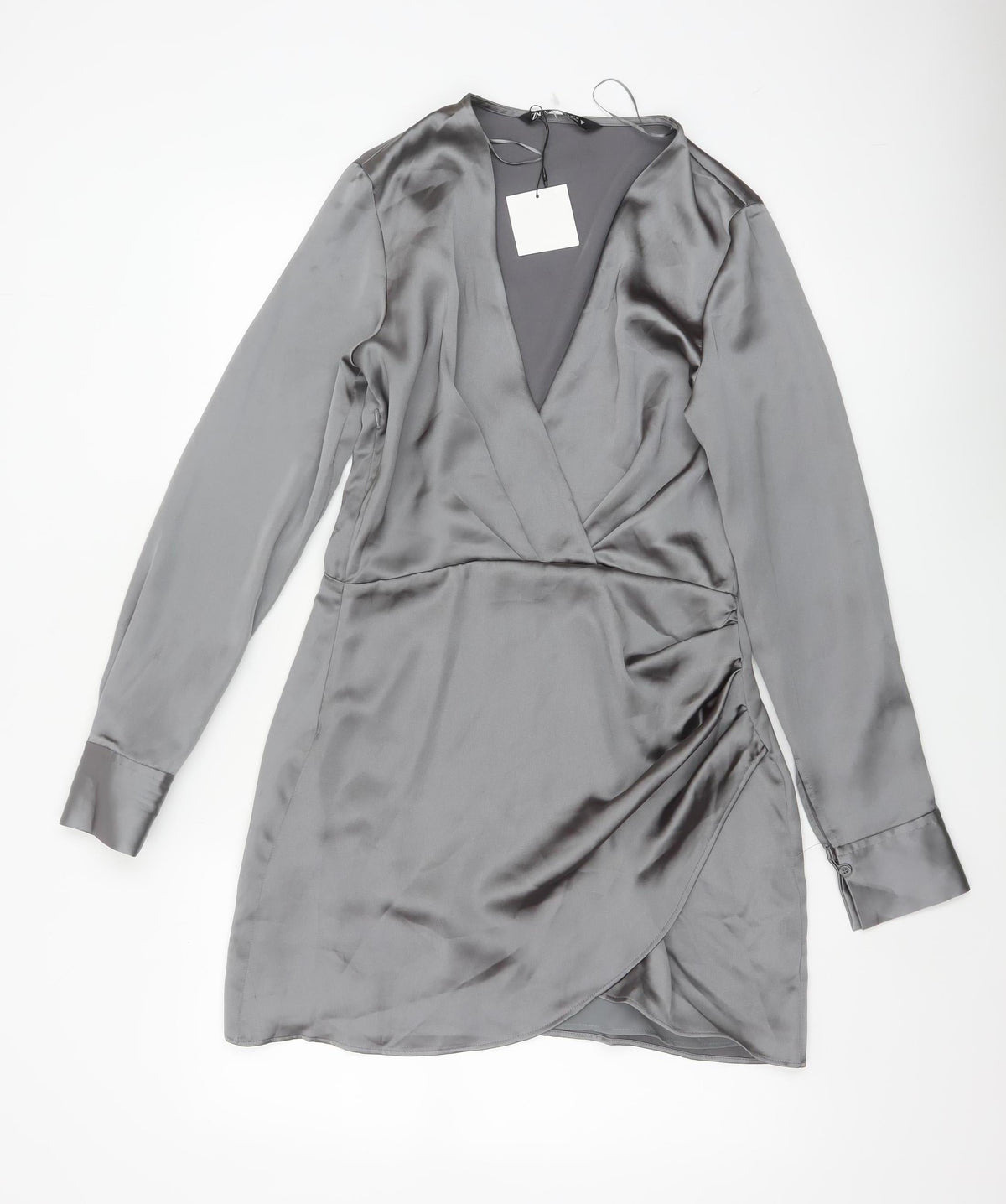 Zara Women Grey M Satin Wrap Mini Dress Long Sleeve V-Neck