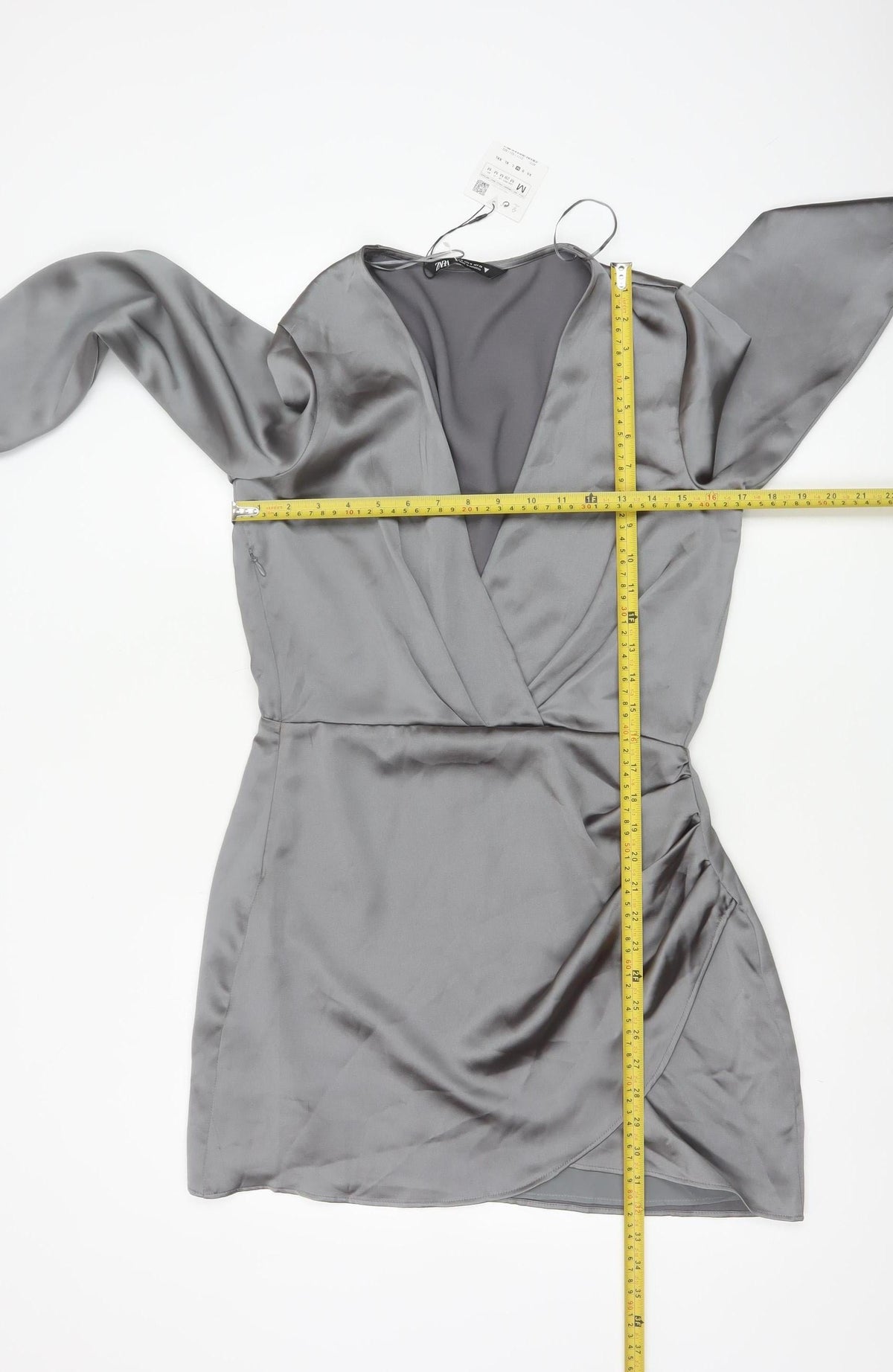 Zara Women Grey M Satin Wrap Mini Dress Long Sleeve V-Neck