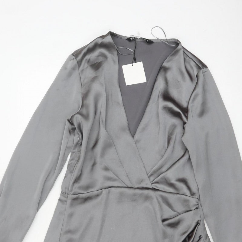 Zara Women Grey M Satin Wrap Mini Dress Long Sleeve V-Neck