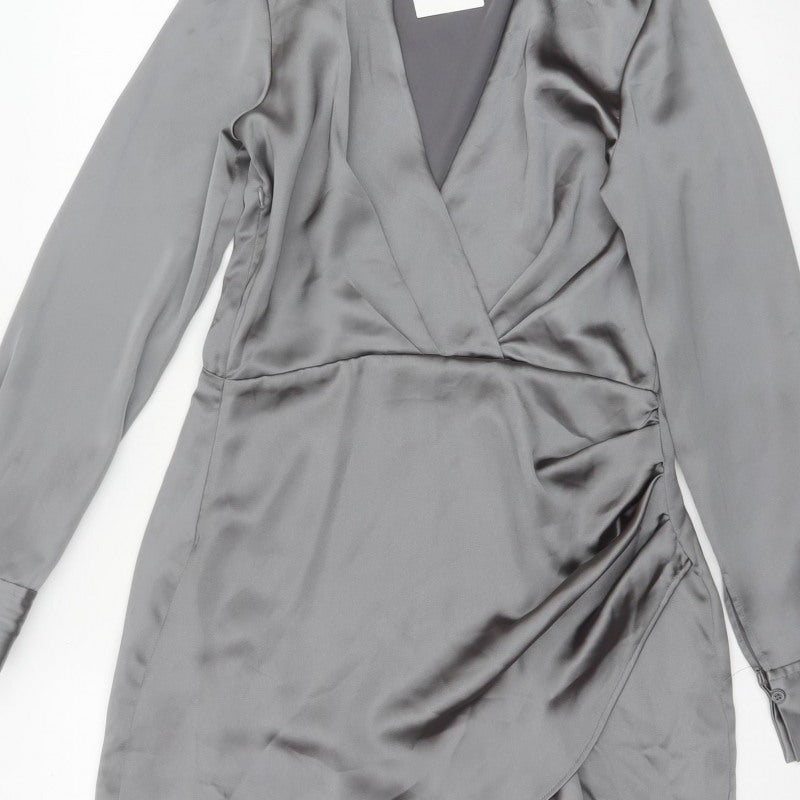Zara Women Grey M Satin Wrap Mini Dress Long Sleeve V-Neck