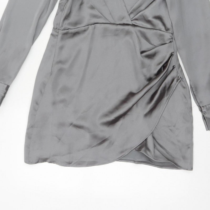 Zara Women Grey M Satin Wrap Mini Dress Long Sleeve V-Neck