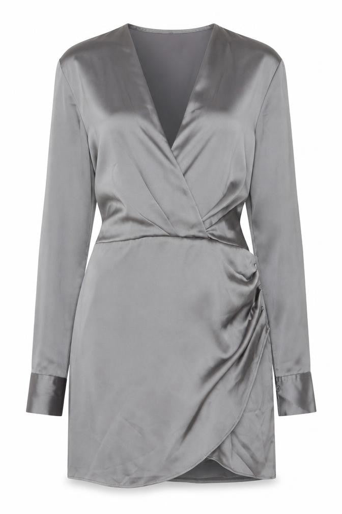 Zara Women Grey M Satin Wrap Mini Dress Long Sleeve V-Neck