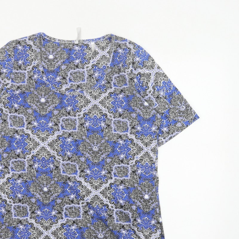 Anthology Women Blue Floral Cotton Tunic Blouse UK 14 Short Sleeve