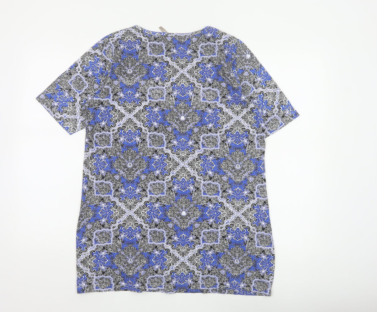 Anthology Women Blue Floral Cotton Tunic Blouse UK 14 Short Sleeve