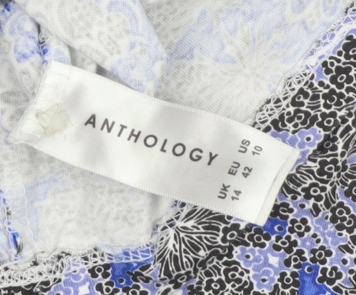 Anthology Women Blue Floral Cotton Tunic Blouse UK 14 Short Sleeve