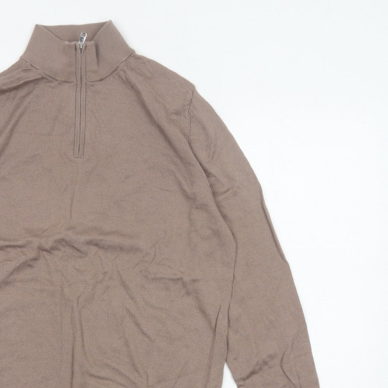 Autograph Mens Beige L Merino Wool 1/4 Zip High Neck Jumper