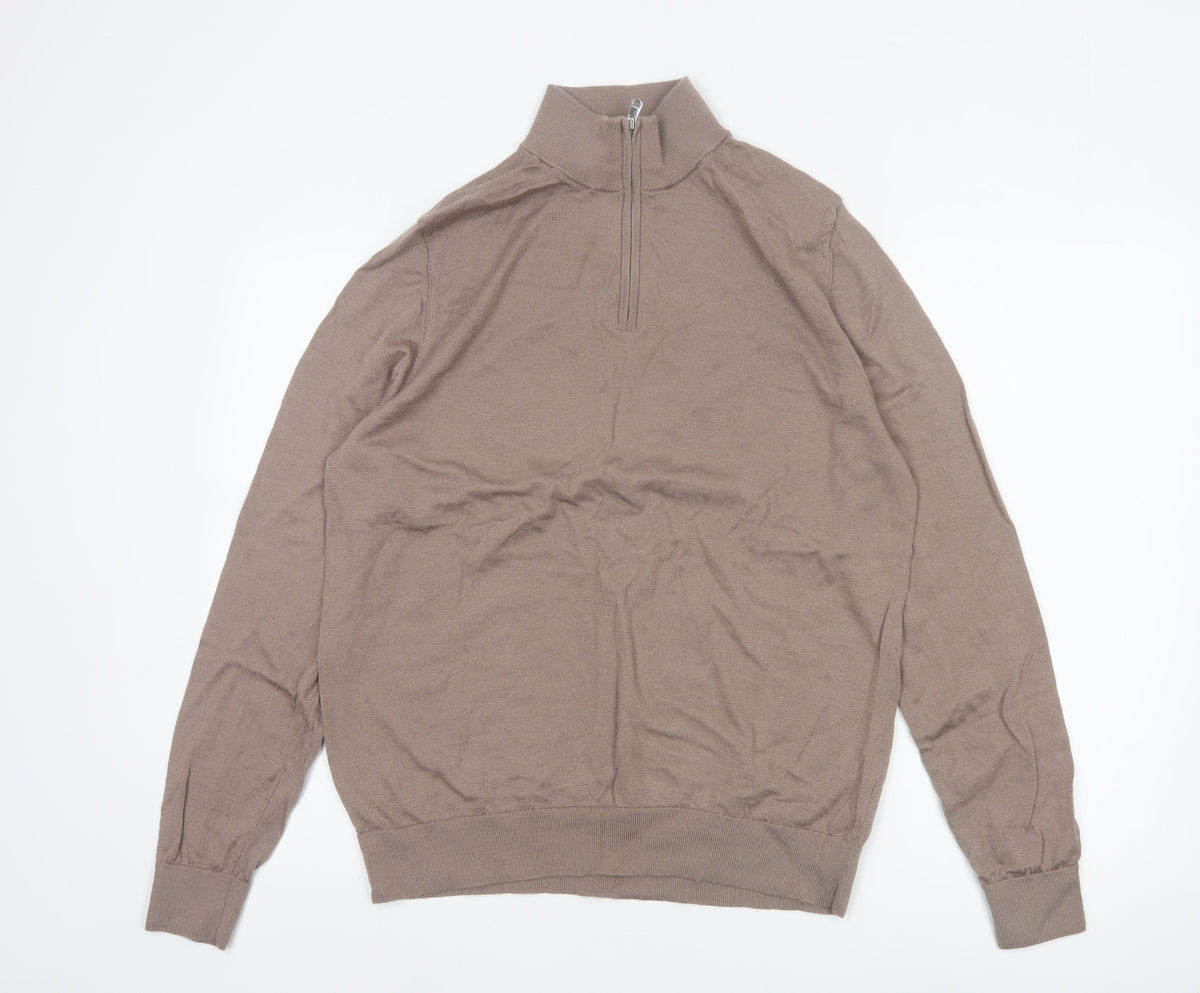 Autograph Mens Beige L Merino Wool 1/4 Zip High Neck Jumper