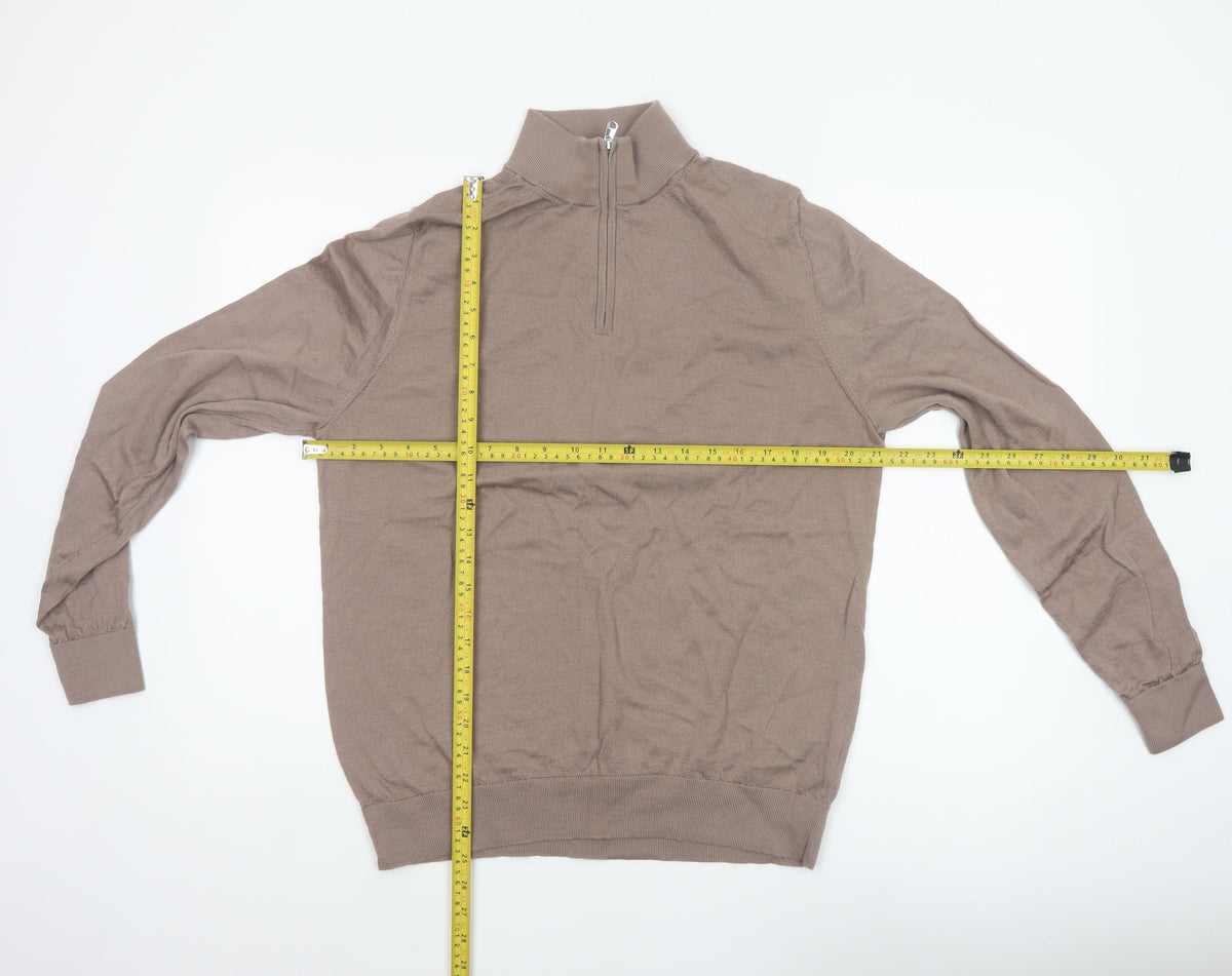 Autograph Mens Beige L Merino Wool 1/4 Zip High Neck Jumper