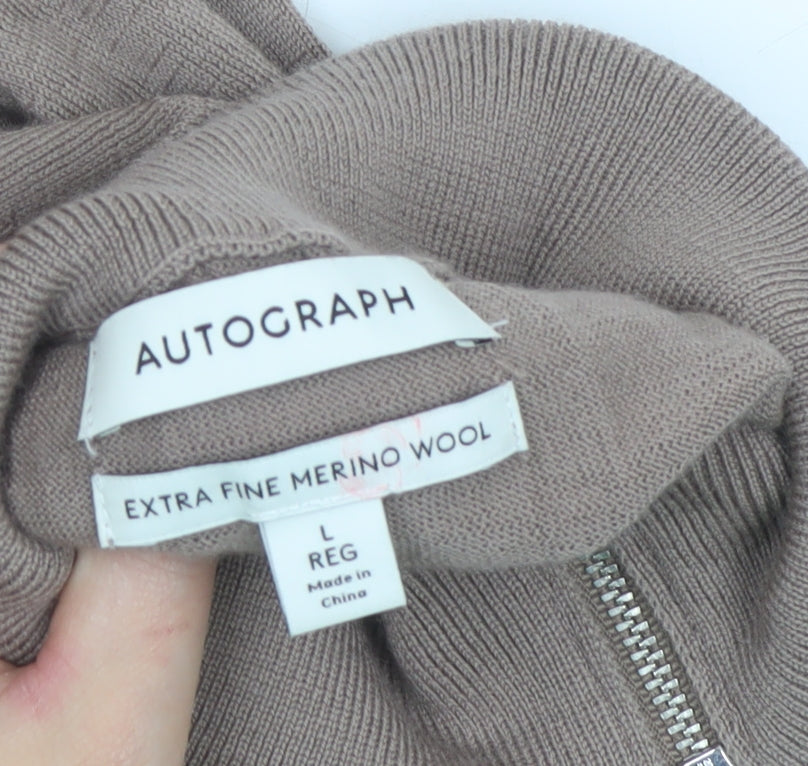 Autograph Mens Beige L Merino Wool 1/4 Zip High Neck Jumper