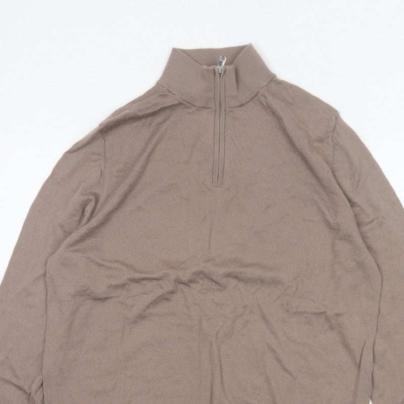 Autograph Mens Beige L Merino Wool 1/4 Zip High Neck Jumper