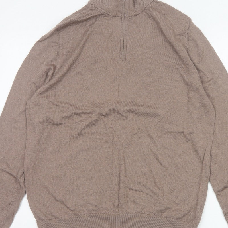 Autograph Mens Beige L Merino Wool 1/4 Zip High Neck Jumper