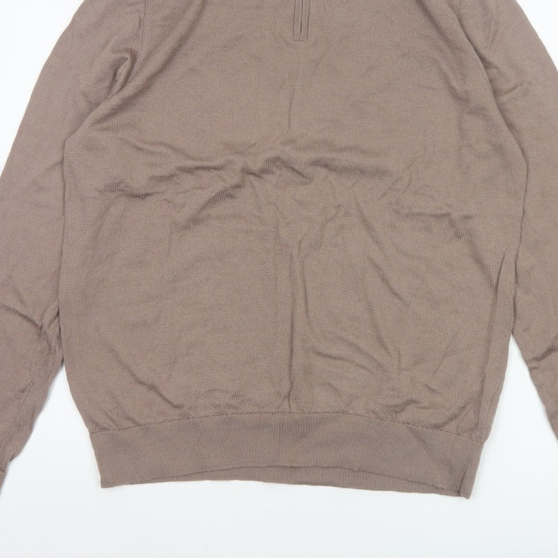Autograph Mens Beige L Merino Wool 1/4 Zip High Neck Jumper