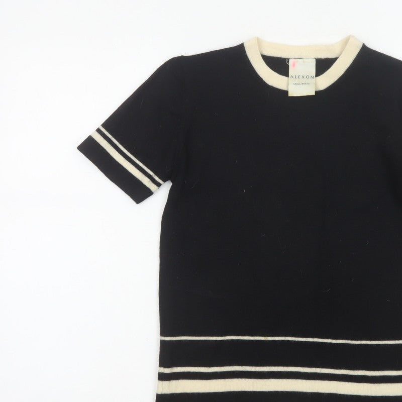 Alexon Women Black Ivory Striped 100% Wool Short Sleeve Pullover Jumper S
