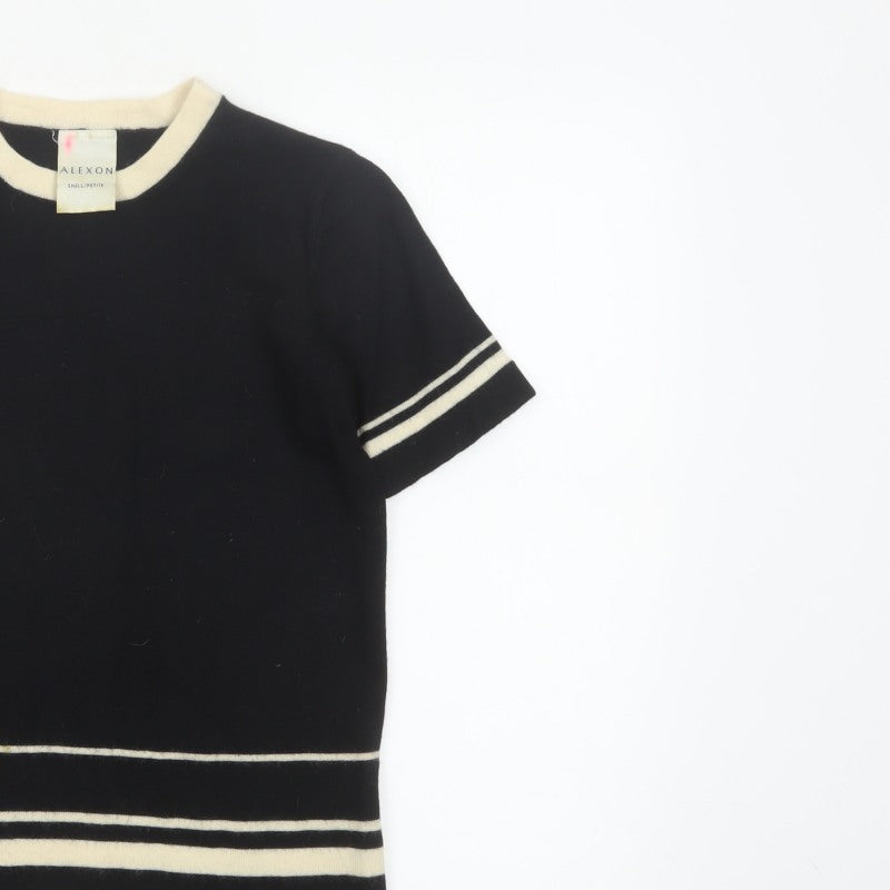 Alexon Women Black Ivory Striped 100% Wool Short Sleeve Pullover Jumper S