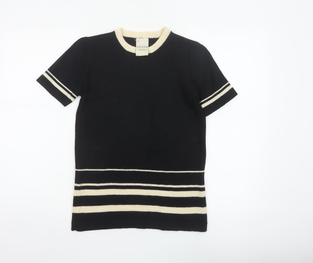 Alexon Women Black Ivory Striped 100% Wool Short Sleeve Pullover Jumper S