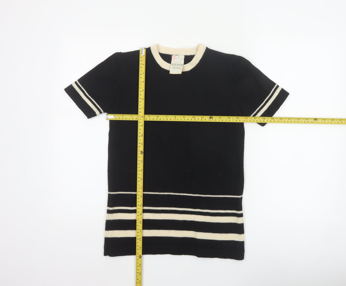 Alexon Women Black Ivory Striped 100% Wool Short Sleeve Pullover Jumper S