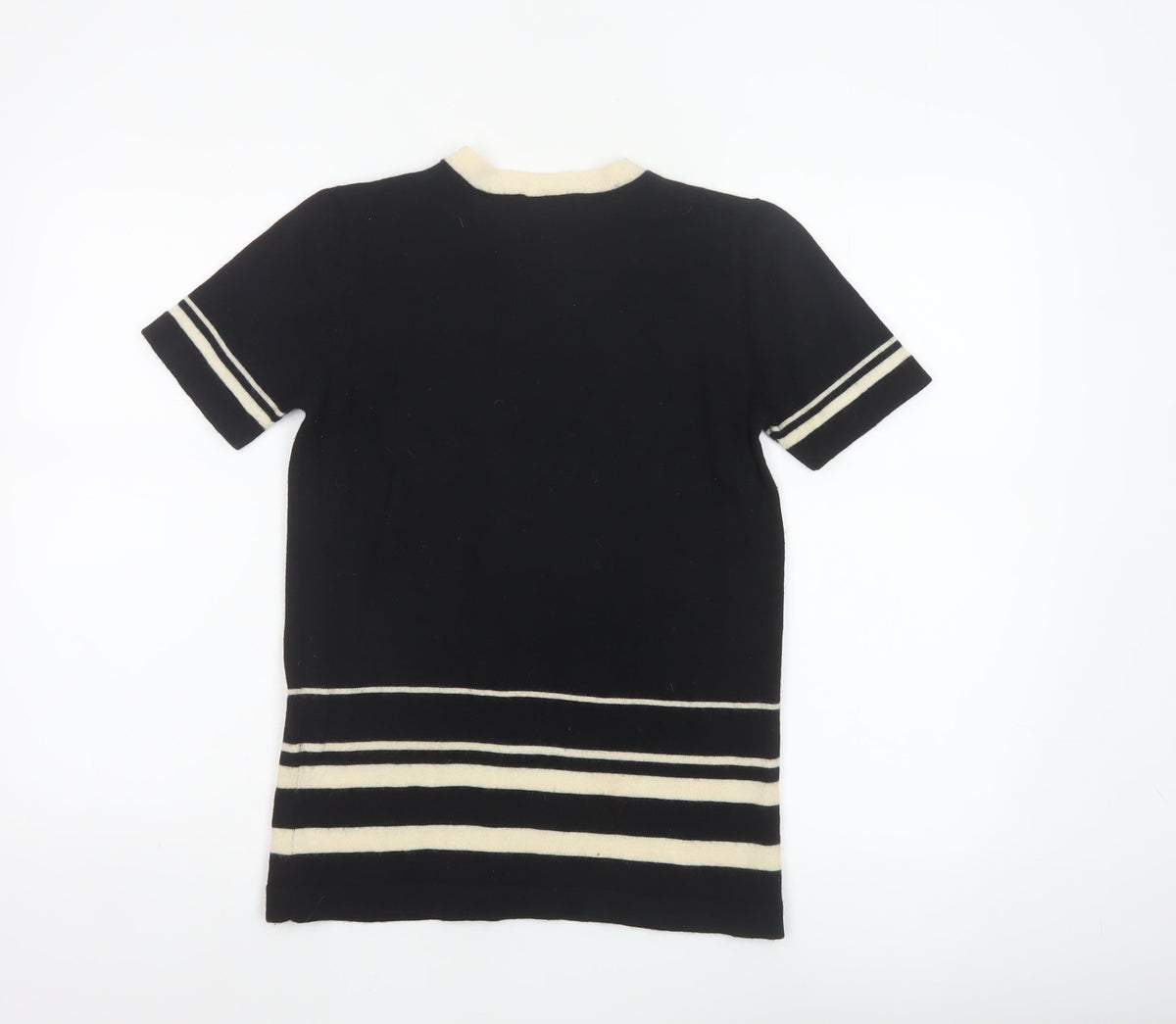 Alexon Women Black Ivory Striped 100% Wool Short Sleeve Pullover Jumper S