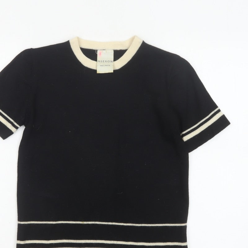 Alexon Women Black Ivory Striped 100% Wool Short Sleeve Pullover Jumper S