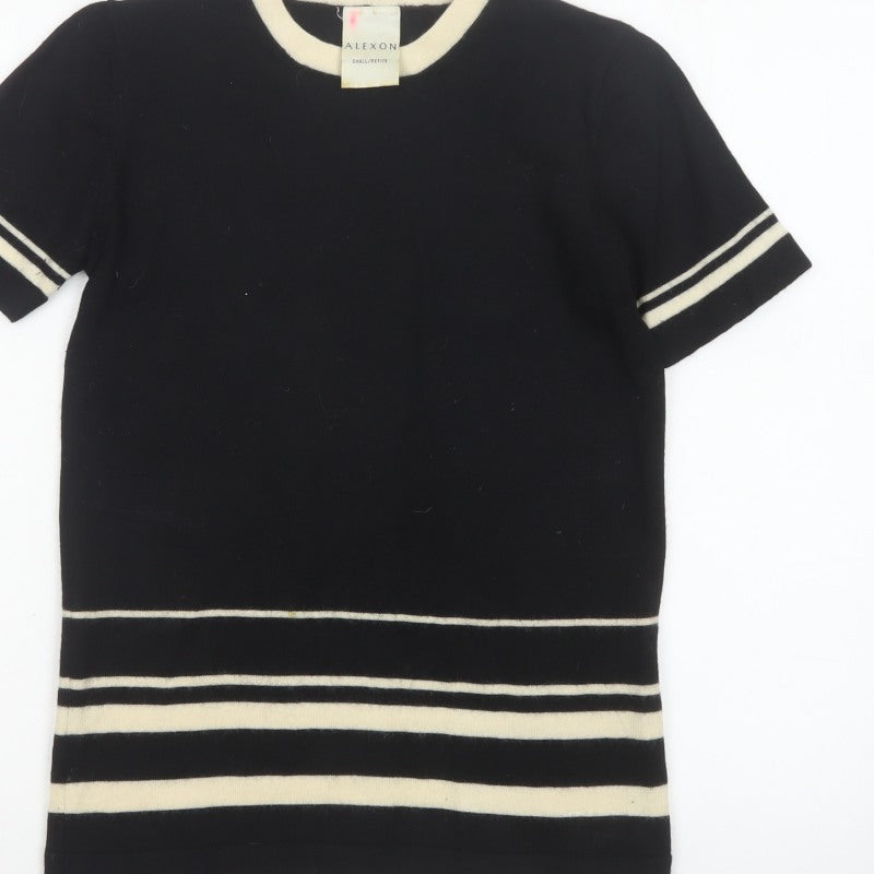 Alexon Women Black Ivory Striped 100% Wool Short Sleeve Pullover Jumper S