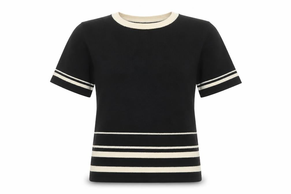 Alexon Women Black Ivory Striped 100% Wool Short Sleeve Pullover Jumper S