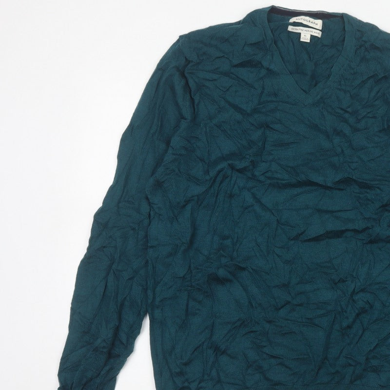 Autograph Men’s Green XL Merino Wool V-Neck Pullover Jumper