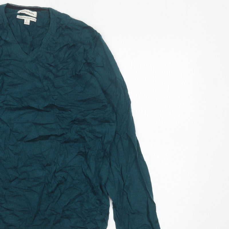 Autograph Men’s Green XL Merino Wool V-Neck Pullover Jumper