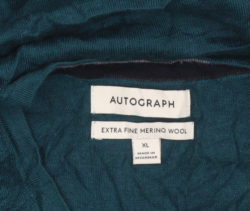 Autograph Men’s Green XL Merino Wool V-Neck Pullover Jumper
