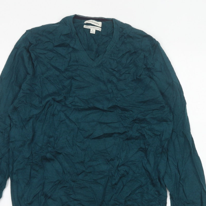 Autograph Men’s Green XL Merino Wool V-Neck Pullover Jumper