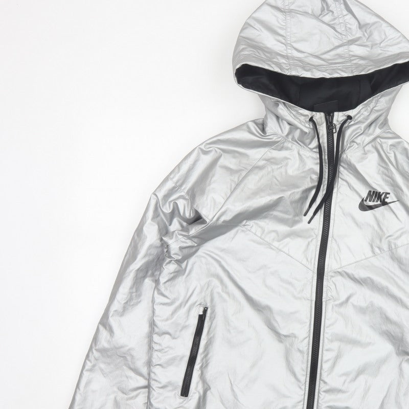 Nike Women Silver M Hooded Windbreaker Jacket Lightweight Zip