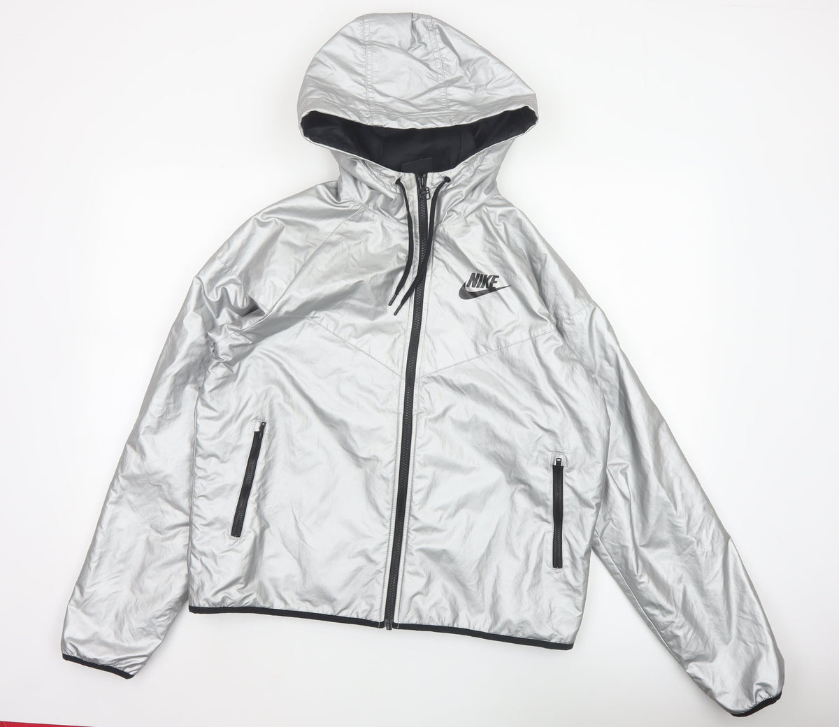 Nike Women Silver M Hooded Windbreaker Jacket Lightweight Zip