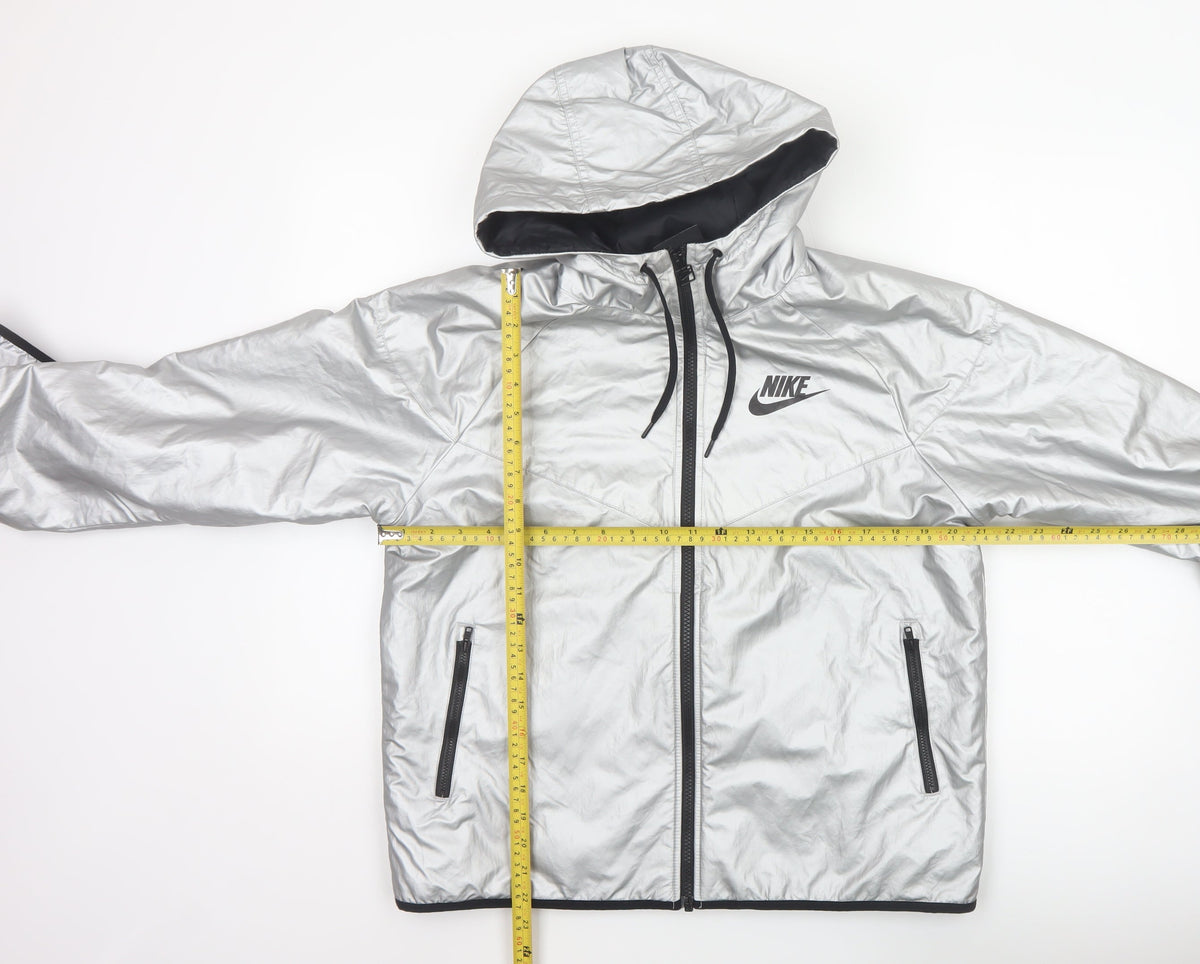 Nike Women Silver M Hooded Windbreaker Jacket Lightweight Zip