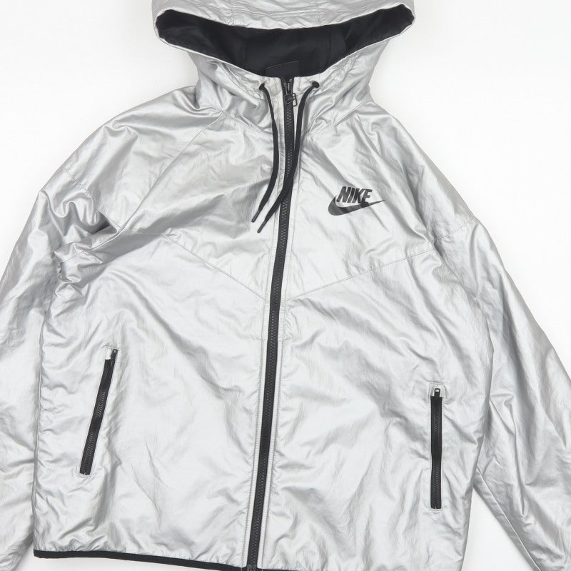 Nike Women Silver M Hooded Windbreaker Jacket Lightweight Zip