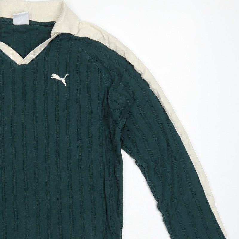 Puma Men's Green Small Long Sleeve Textured Striped Polo Shirt