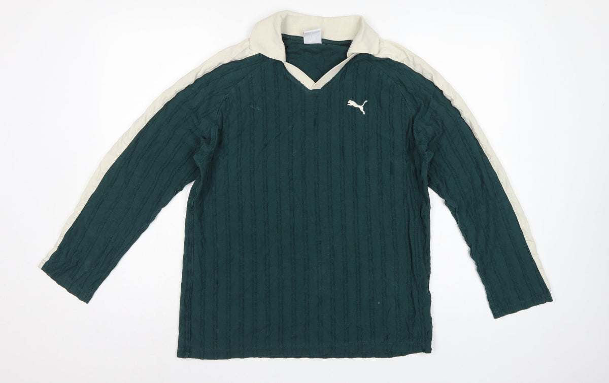 Puma Men's Green Small Long Sleeve Textured Striped Polo Shirt