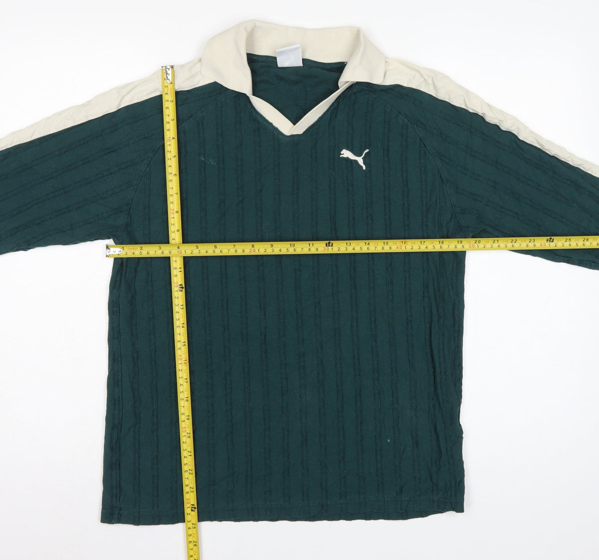 Puma Men's Green Small Long Sleeve Textured Striped Polo Shirt