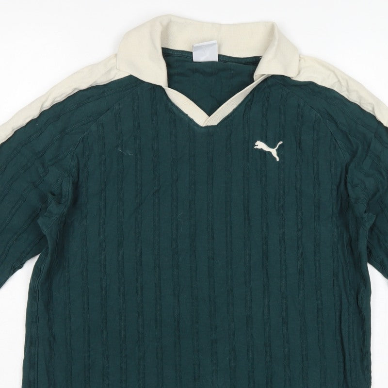 Puma Men's Green Small Long Sleeve Textured Striped Polo Shirt