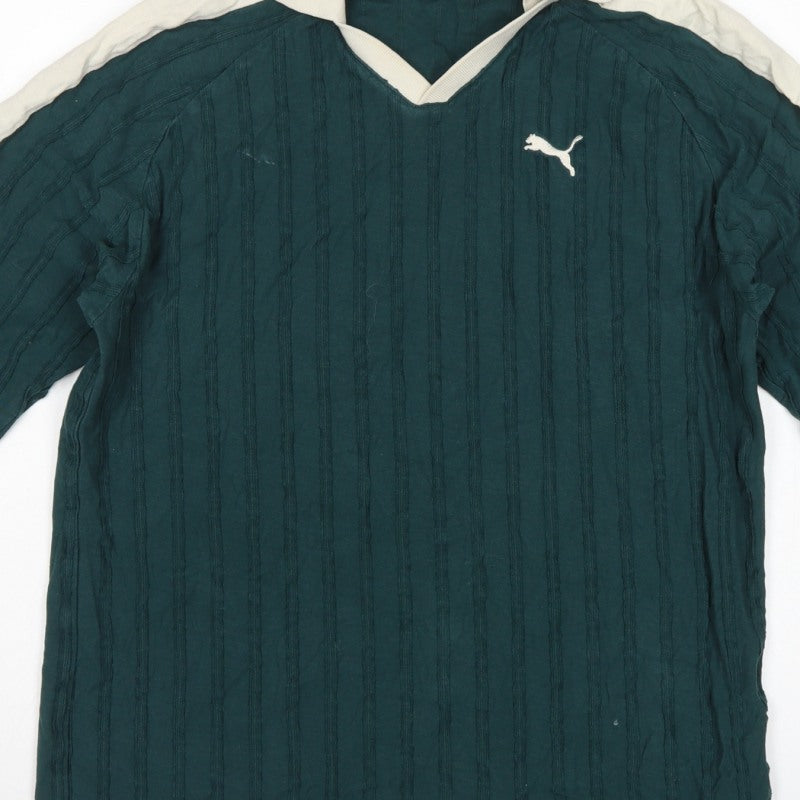 Puma Men's Green Small Long Sleeve Textured Striped Polo Shirt