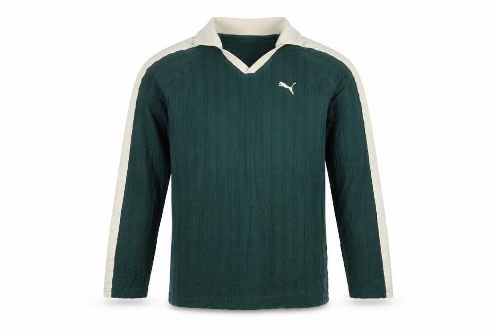 Puma Men's Green Small Long Sleeve Textured Striped Polo Shirt