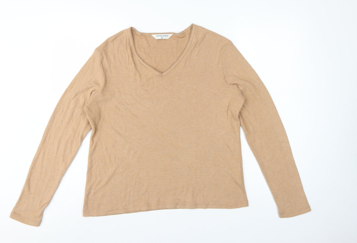 Dorothy Perkins Women Beige Size 16 Basic V-Neck Long Sleeve T-Shirt