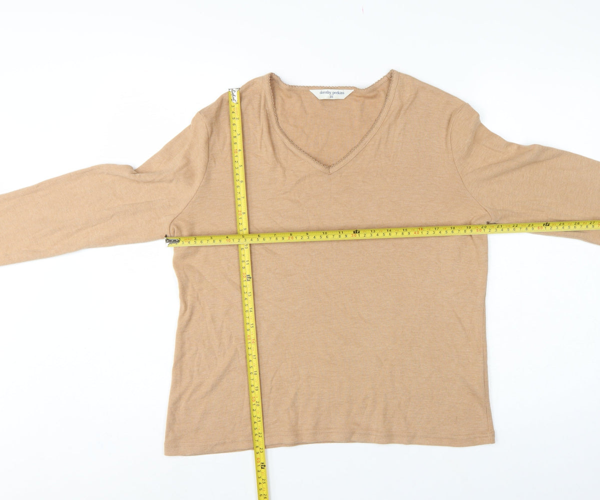 Dorothy Perkins Women Beige Size 16 Basic V-Neck Long Sleeve T-Shirt