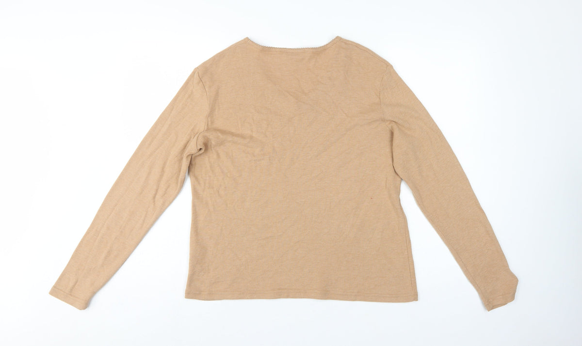 Dorothy Perkins Women Beige Size 16 Basic V-Neck Long Sleeve T-Shirt