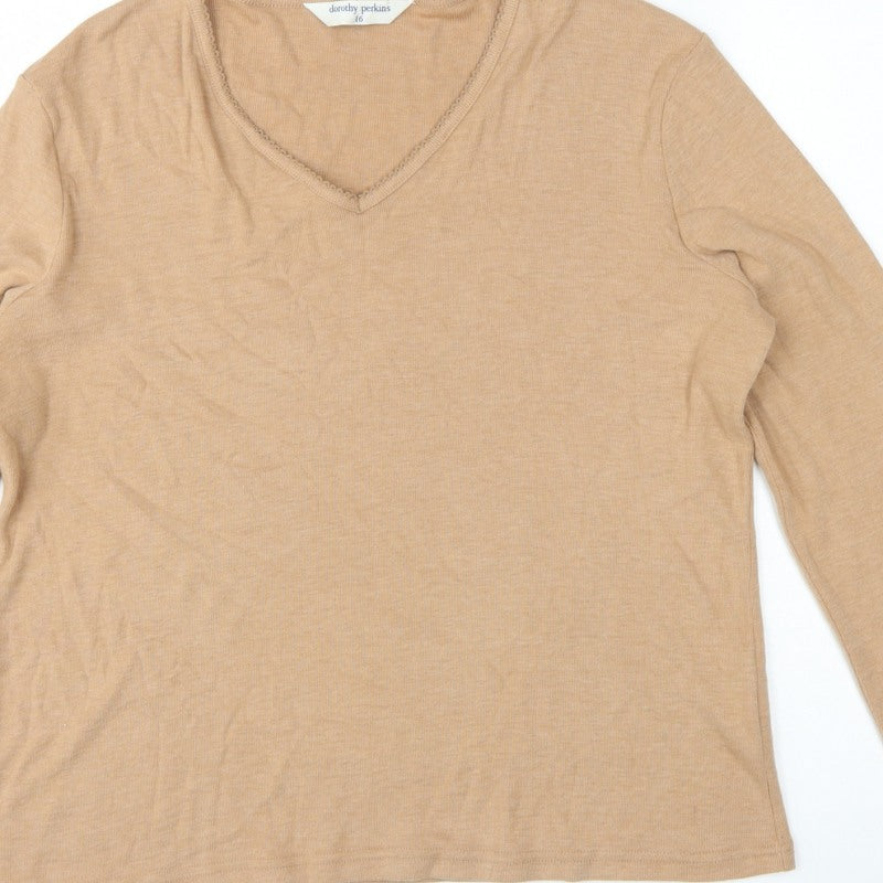 Dorothy Perkins Women Beige Size 16 Basic V-Neck Long Sleeve T-Shirt