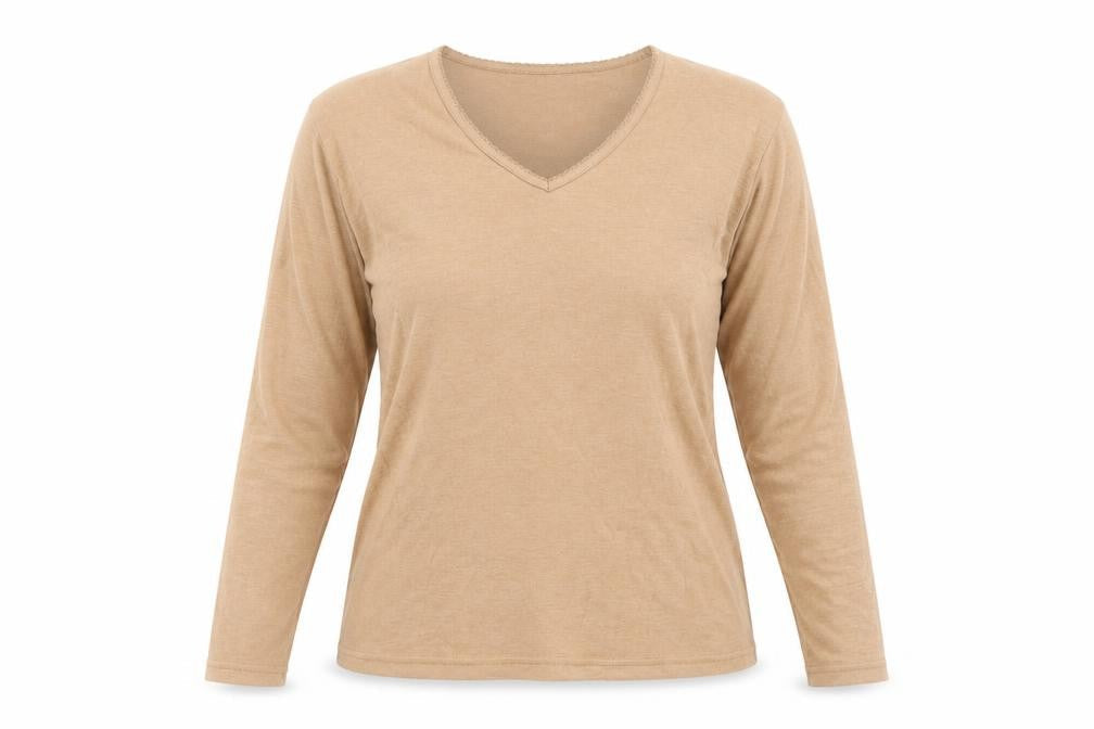 Dorothy Perkins Women Beige Size 16 Basic V-Neck Long Sleeve T-Shirt